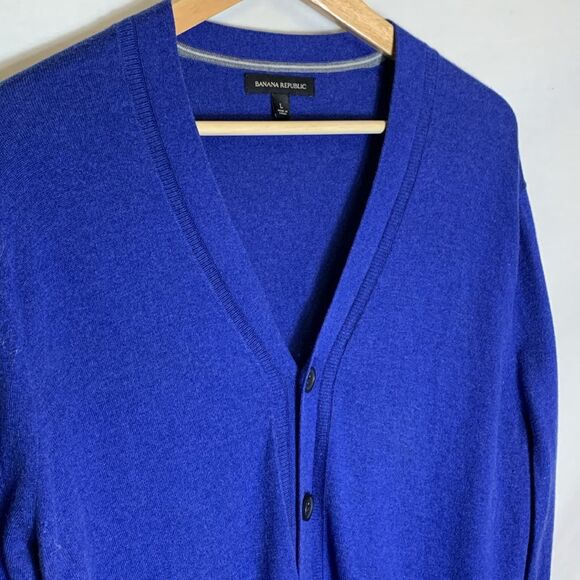 Banana Republic Bright Blue Silk Cotton Blend LS V-Neck Button Cardigan Size L - Picture 2 of 11